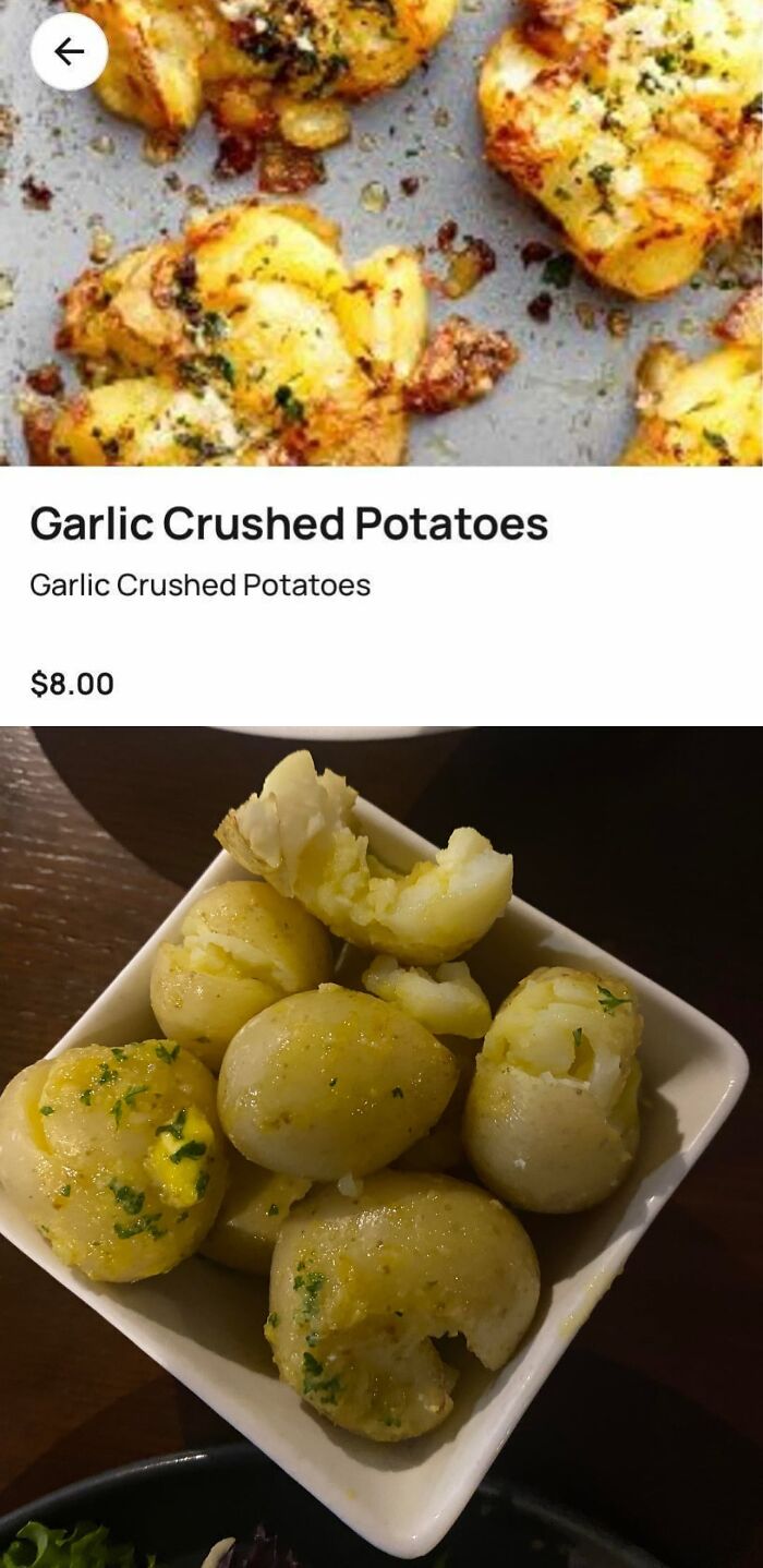 Garlic crushed potatoes in a bowl that look very different from the crispy, seasoned menu photo expectations.