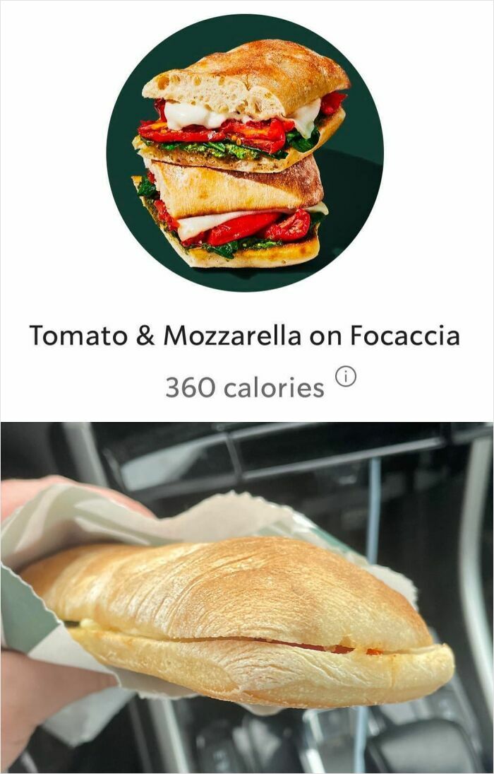 Tomato and mozzarella focaccia sandwich from menu versus actual meal that looks nothing like the menu photo.