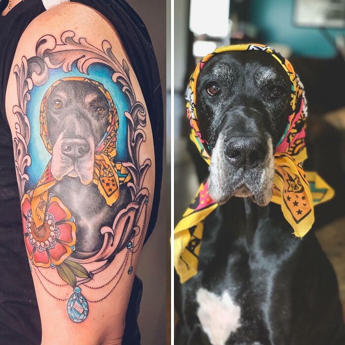 Tattoo of a black dog wearing a colorful headscarf, showcasing wholesome tattoos that carry a lot of meaning. Tattoo of a black dog wearing a colorful headscarf, showcasing wholesome tattoos that carry a lot of meaning.