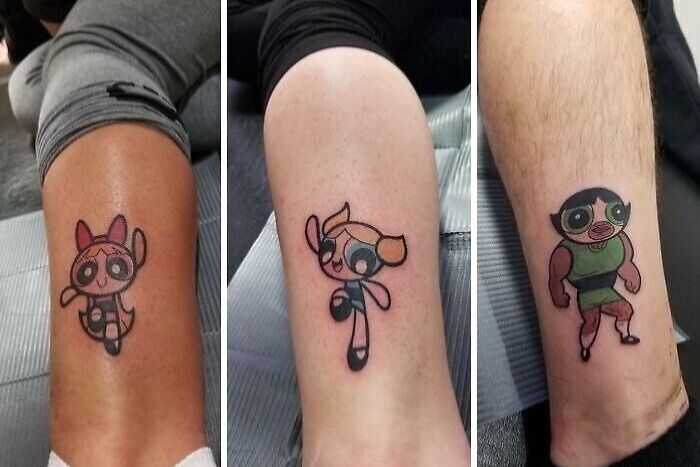 Three wholesome tattoos on legs featuring stylized cartoon characters with meaningful and colorful ink designs. Three wholesome tattoos on legs featuring stylized cartoon characters with meaningful and colorful ink designs.