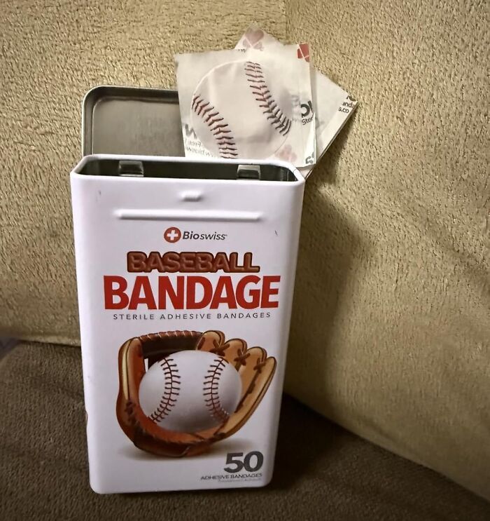 Baseball bandage tin with sterile adhesive bandages featuring baseball designs, a unique gift idea from never-before-seen gifts.