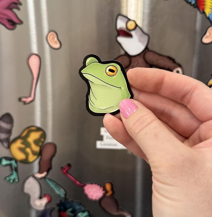 Hand holding a colorful frog sticker among various unique and never-before-seen gifts and quirky accessories.