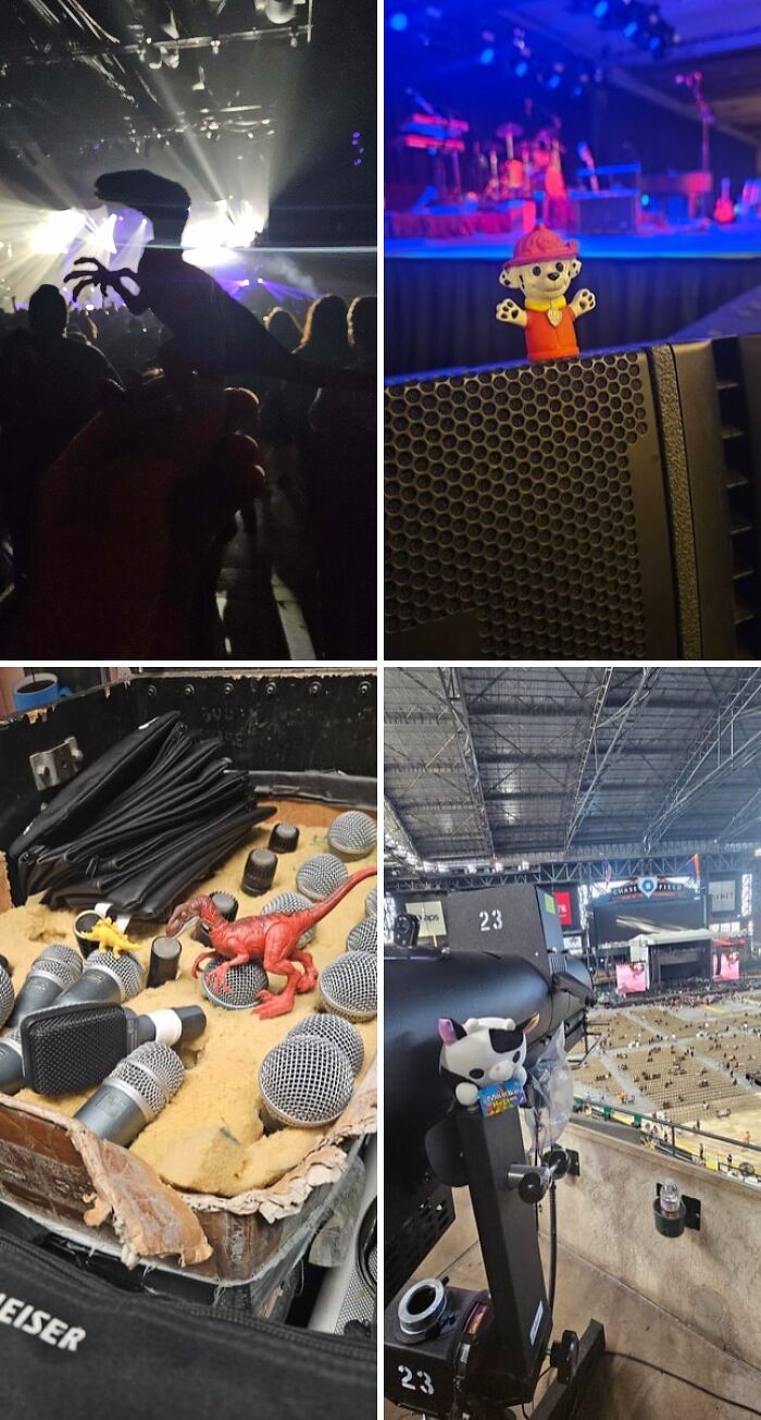 Collage of photos from different jobs at concerts showing stage, sound equipment, and workspaces making 9-to-5 more bearable.
