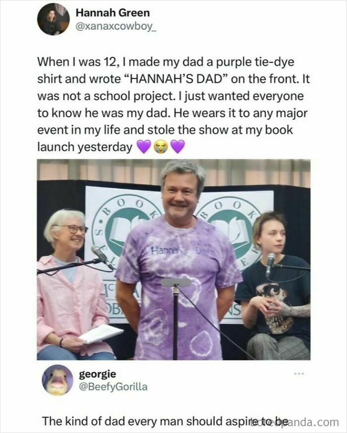 Man wearing a purple tie-dye shirt with Hannah’s Dad written, smiling at a book launch event, cheerful memes about time online.