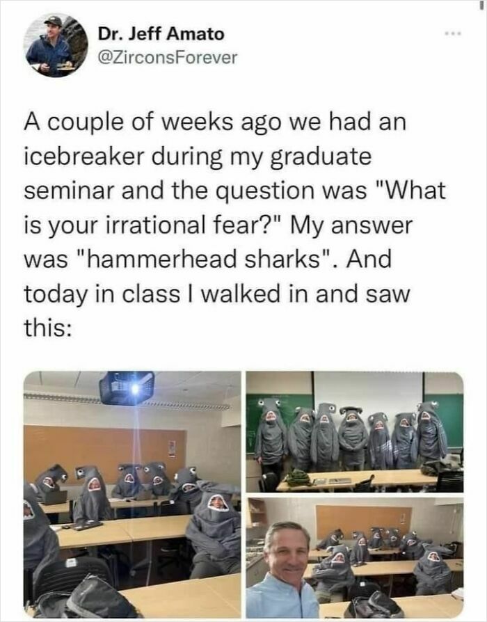 Students dressed as hammerhead sharks in classroom for a cheerful meme about irrational fears, fitting the funny memes SEO keyword.