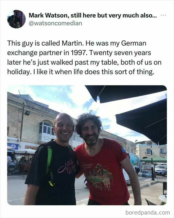 Two men happily reunited on holiday after 27 years, shown in a cheerful meme about reconnecting and time spent online.