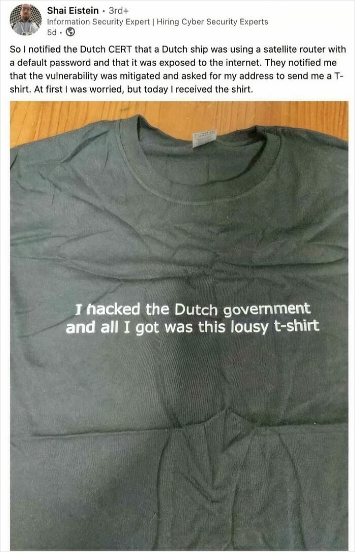 Funny meme showing a black t-shirt with text about hacking the Dutch government, from a cheerful meme collection online.