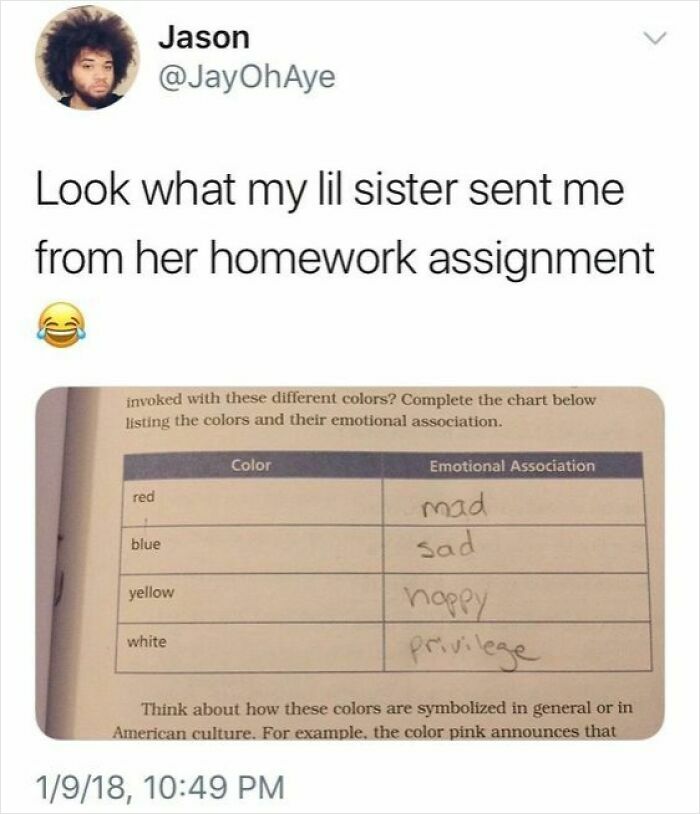 Screenshot of a humorous meme showing a homework assignment about colors and emotional association.
