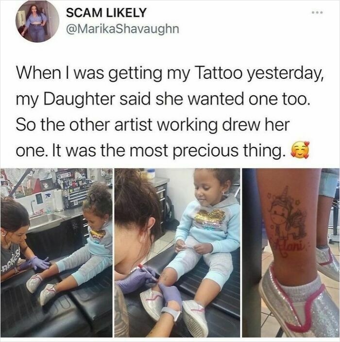 Mother getting a tattoo while daughter receives a small tattoo, showcasing cheerful memes about precious moments.