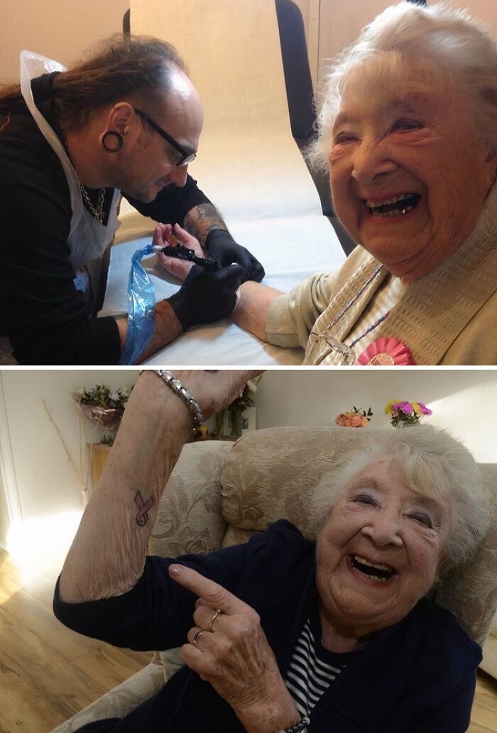 Elderly woman smiling while getting and showing her new wholesome tattoo that carries a lot of meaning.