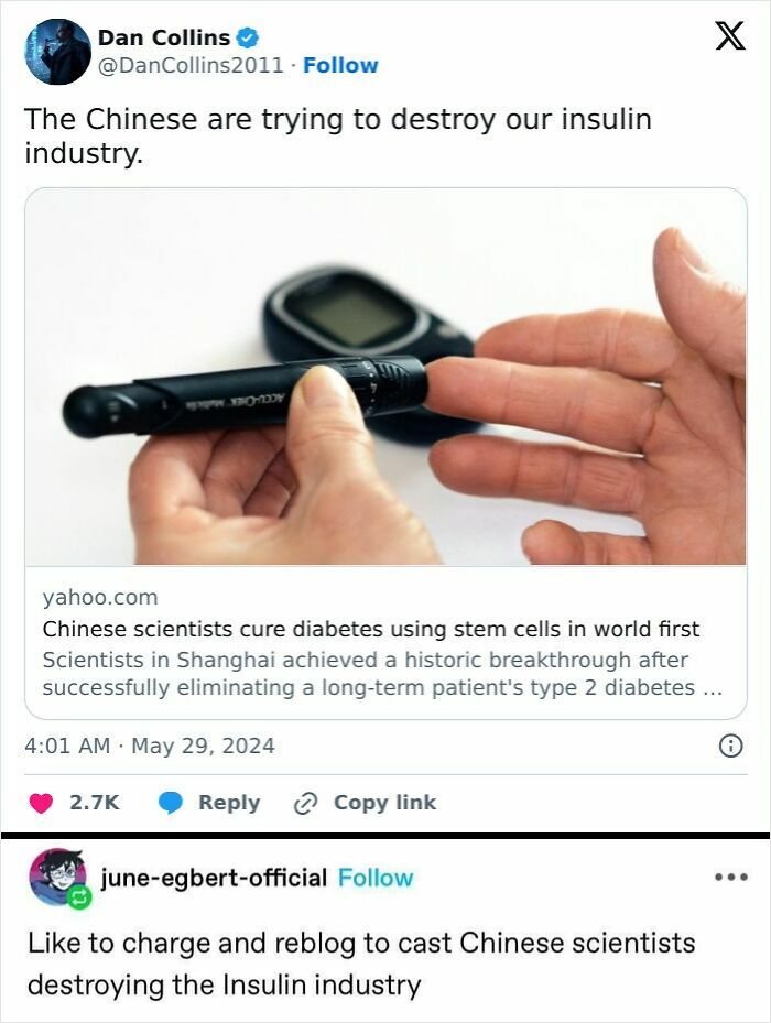 Tweet discussing Chinese scientists curing diabetes with stem cells versus insulin industry, reflecting dystopia and uninspiring reality.