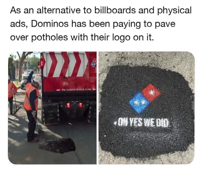 Workers paving potholes with Domino's logo painted on the asphalt as a reflection of sad and uninspiring dystopia.