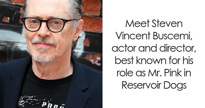 Steve Buscemi wearing glasses and a black jacket, posing against a brick wall, highlighting his acting career.