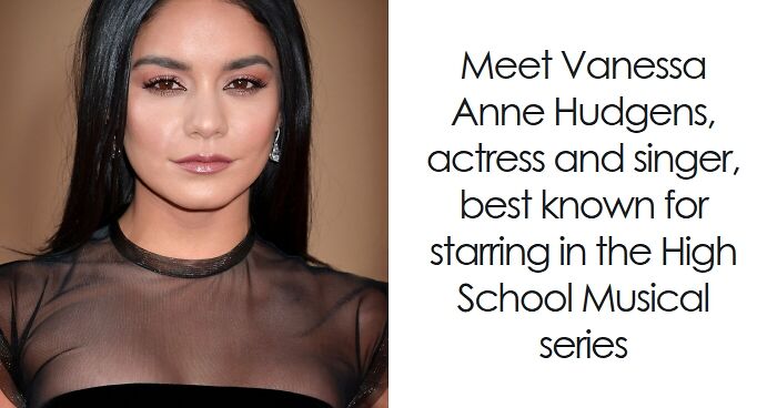 Vanessa Hudgens close-up portrait, wearing sheer black top, representing Vanessa Hudgens bio and career highlights.