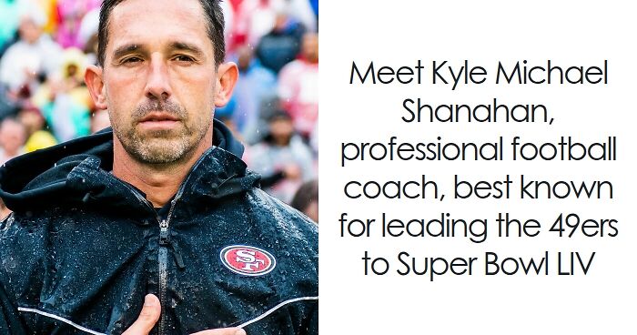 Kyle Shanahan in a 49ers jacket standing on the field, known for his bio and career highlights in football coaching.