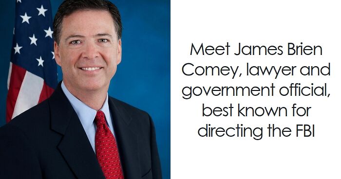 James Comey in a formal portrait wearing a suit and red tie with an American flag in the background.