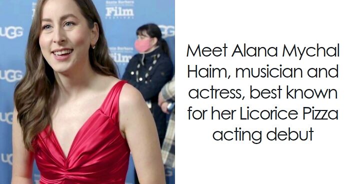 Alana Haim wearing a red dress and smiling at a film event, highlighting her bio and career highlights.