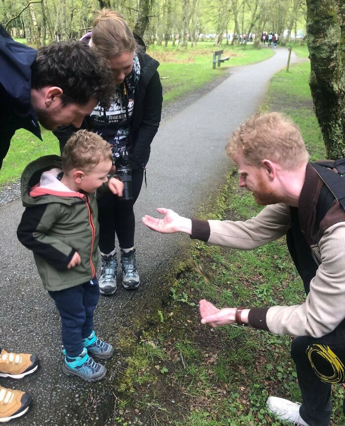 Family observing a blurred frog in mid-air on a park path, a funny and interesting perfect timing photo.