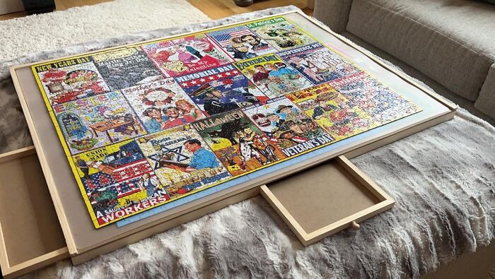 Colorful puzzle with holiday and seasonal scenes assembled on a bed, showcasing a useful present idea to secure favorite child status.