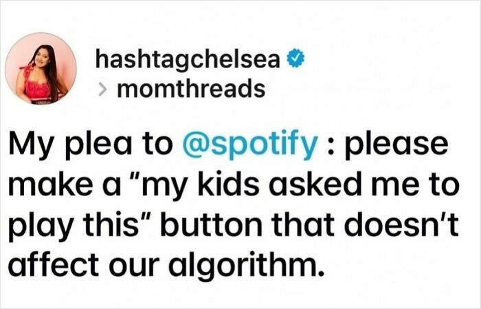 Social media post from momthreads humorously requesting a Spotify feature about kids' music in relatable memes for parents.