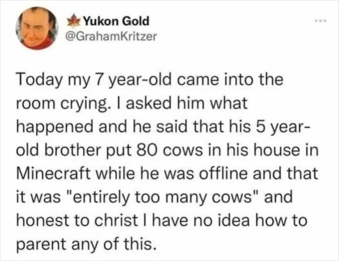 Tweet about a parent’s struggle with Minecraft antics, illustrating funny and relatable memes for parents.