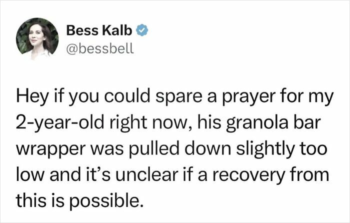 Tweet about the relatable parenting struggle with a granola bar wrapper, featured in memes for parents.