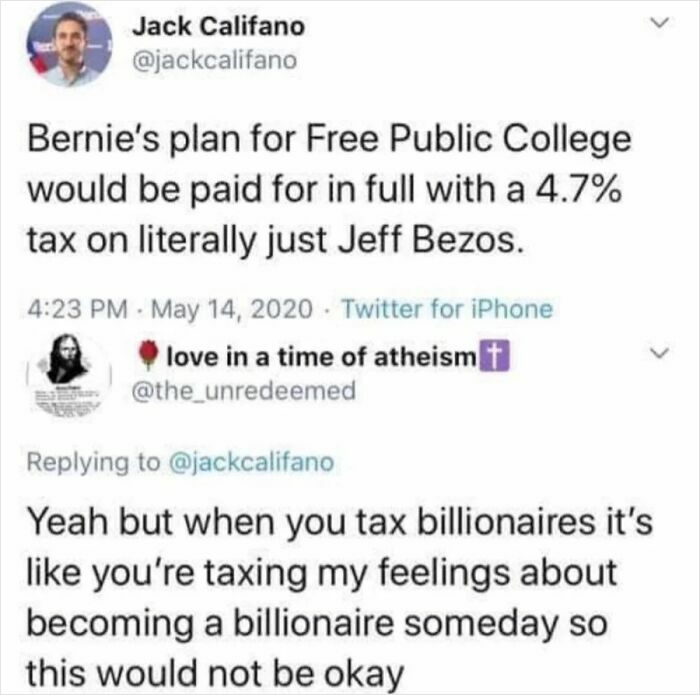 Screenshot of a Twitter conversation discussing the math behind taxing billionaires to fund free public college.