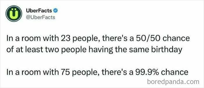 Math problem about probability of people sharing birthdays in rooms of 23 and 75, a popular weird math problem solved.