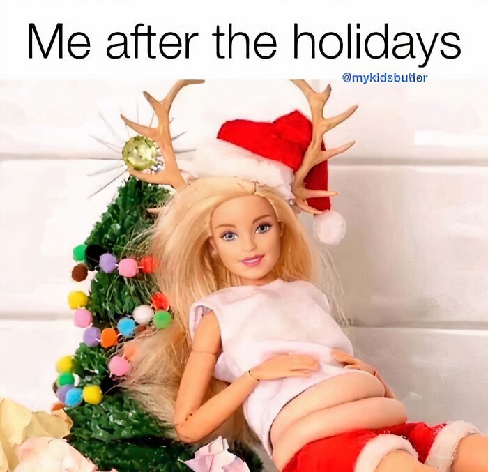 Barbie doll with reindeer antlers and Santa hat, looking tired and disheveled after the holidays, funny parenting meme.