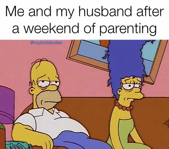 Homer and Marge Simpson looking exhausted on a couch representing funny and savage parenting memes.