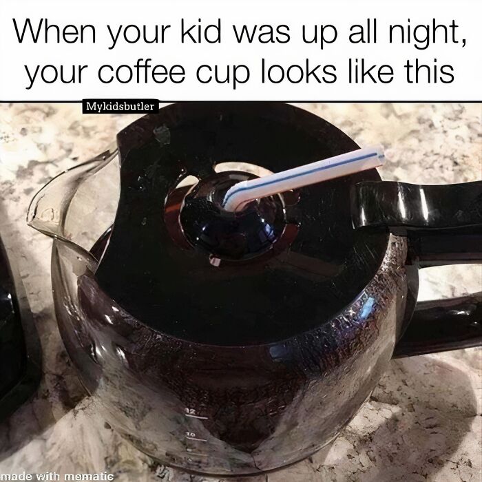 Coffee pot with a straw inserted, humorously illustrating funny and savage parenting memes about tired parents.