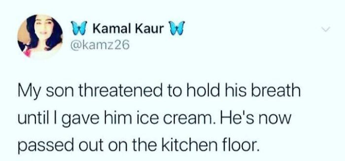 Parent sharing a relatable meme about their child holding breath for ice cream and passing out on the kitchen floor.
