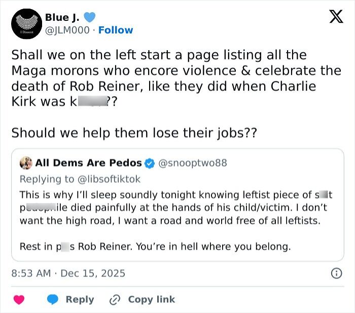 Tweet showing criticism of MAGA hypocrisy comparing reactions to Rob Reiner's slaying and Charlie Kirk controversy online. Tweet showing criticism of MAGA hypocrisy comparing reactions to Rob Reiner's slaying and Charlie Kirk controversy online.