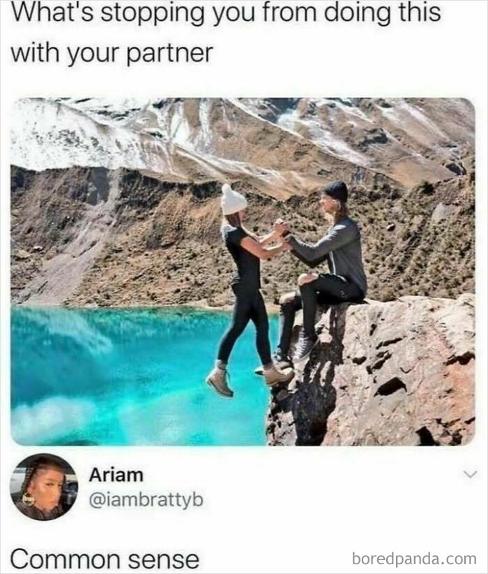 Couple holding hands at cliff edge above blue water, illustrating funny stressful situation meme for hilarious memes keyword.