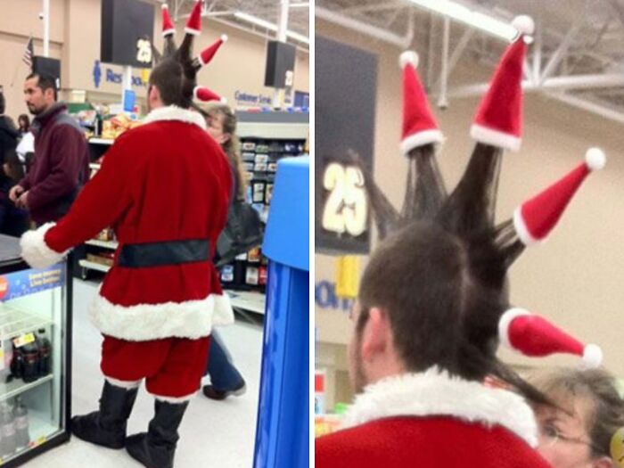 Man dressed as Santa at Walmart with Mohawk hairstyle decorated with small Santa hats in store checkout line