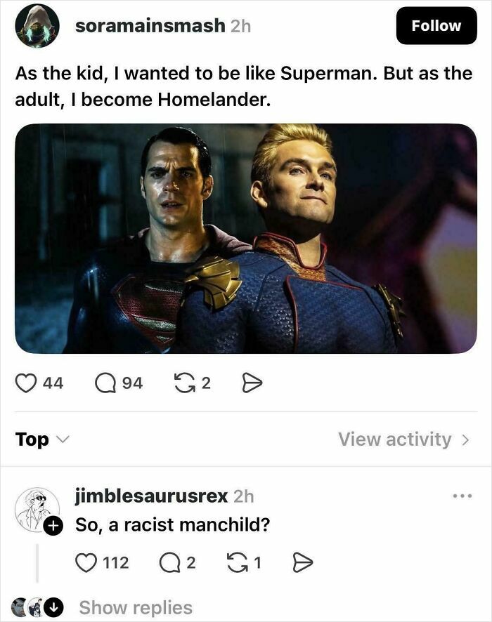 Image showing a clever burn comparing Superman and Homelander, a top example of epic burns in 2025.