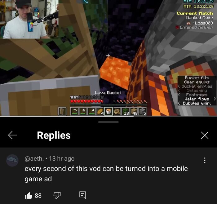 Streamer playing Minecraft using a lava bucket while viewer comments create epic burns in 2025 insults art.