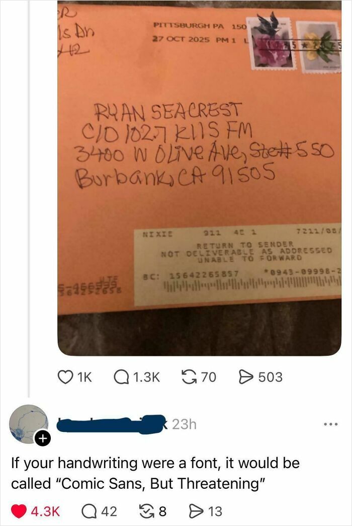 Handwritten return to sender envelope with a witty comment, showcasing epic burns and creative insults in 2025.