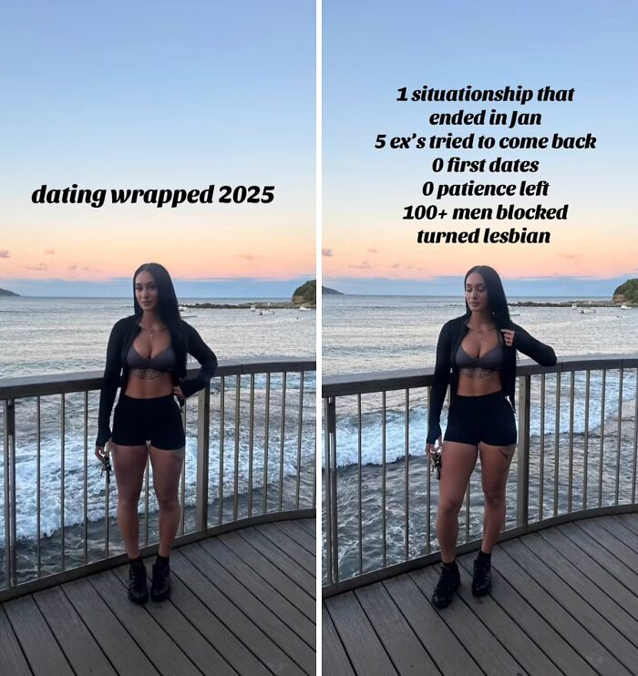 Woman standing on a boardwalk by the ocean at sunset, reflecting on how 2025 backfired for her dating life.