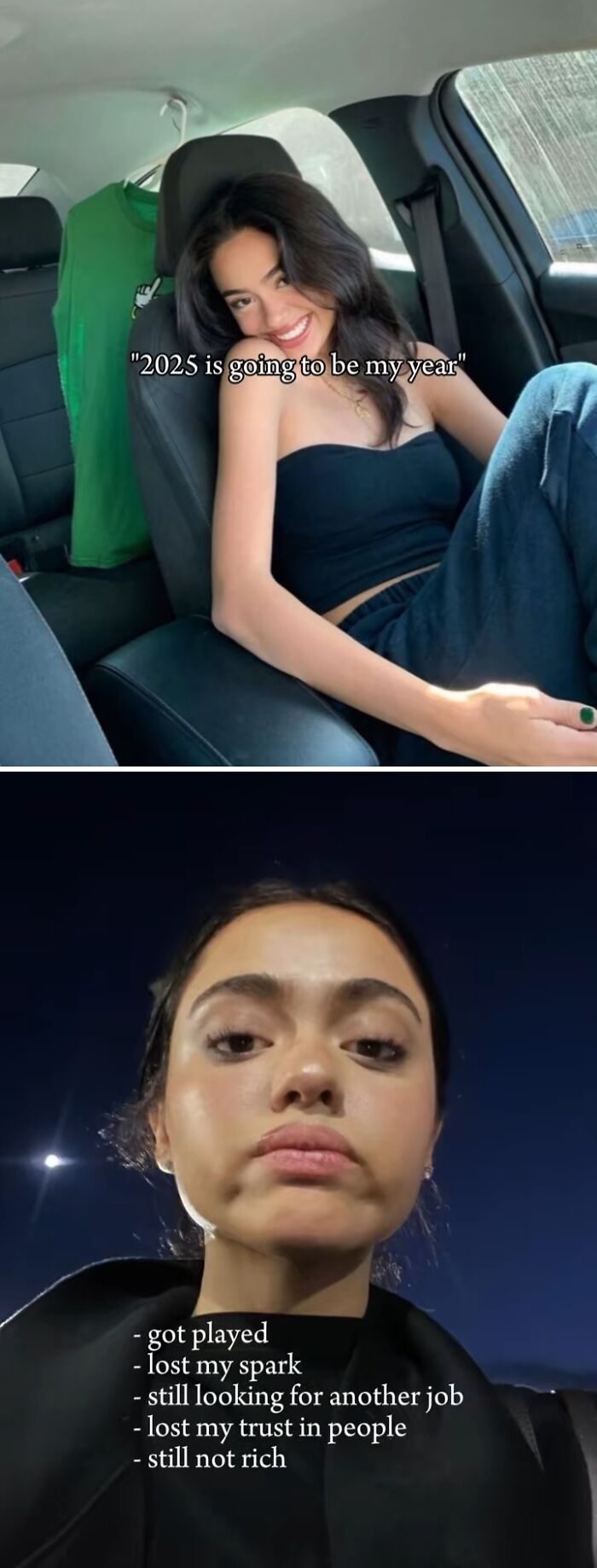 Young woman in two photos showing hope for 2025 and how the year backfired with job loss and lost trust emotions