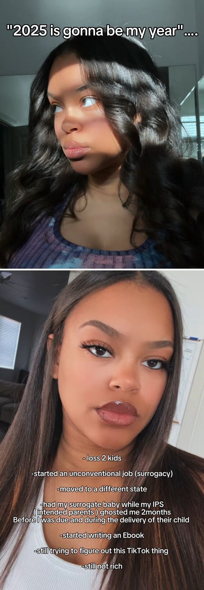 Young woman reflecting in 2025, sharing how the year backfired with surrogacy, moving, and personal challenges.