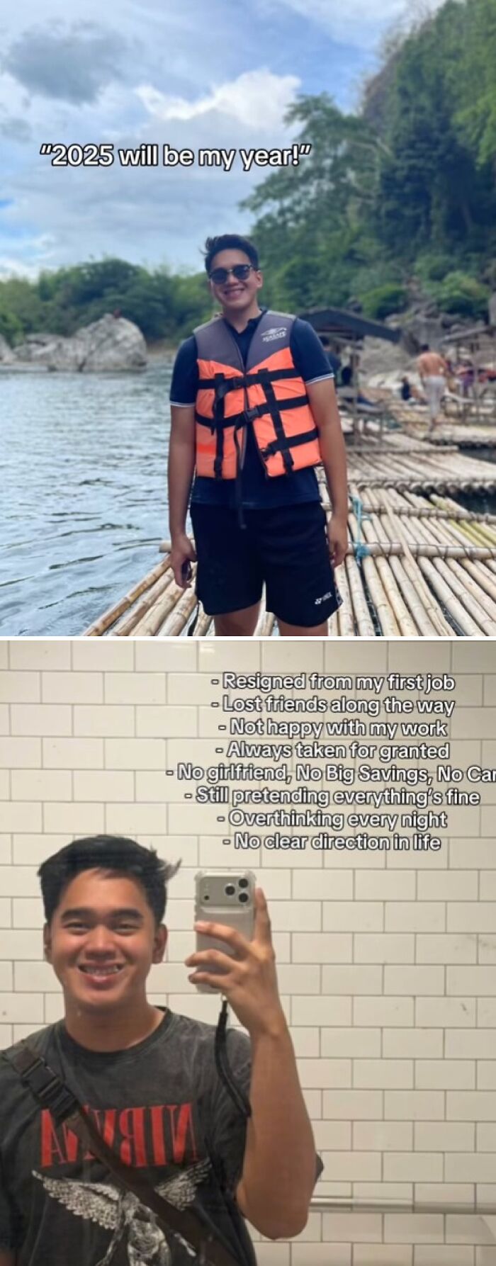 Young man outdoors and in a mirror selfie sharing how 2025 is gonna be his year despite past struggles revealed in a list.