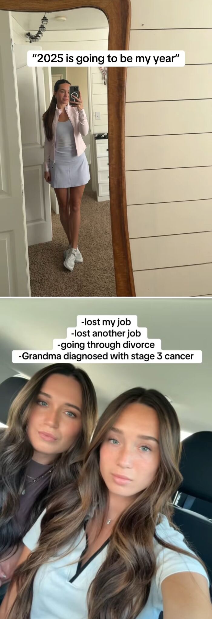 Woman taking mirror selfie with text about 2025 goals, and two women in car sharing hardships in a year that backfired.