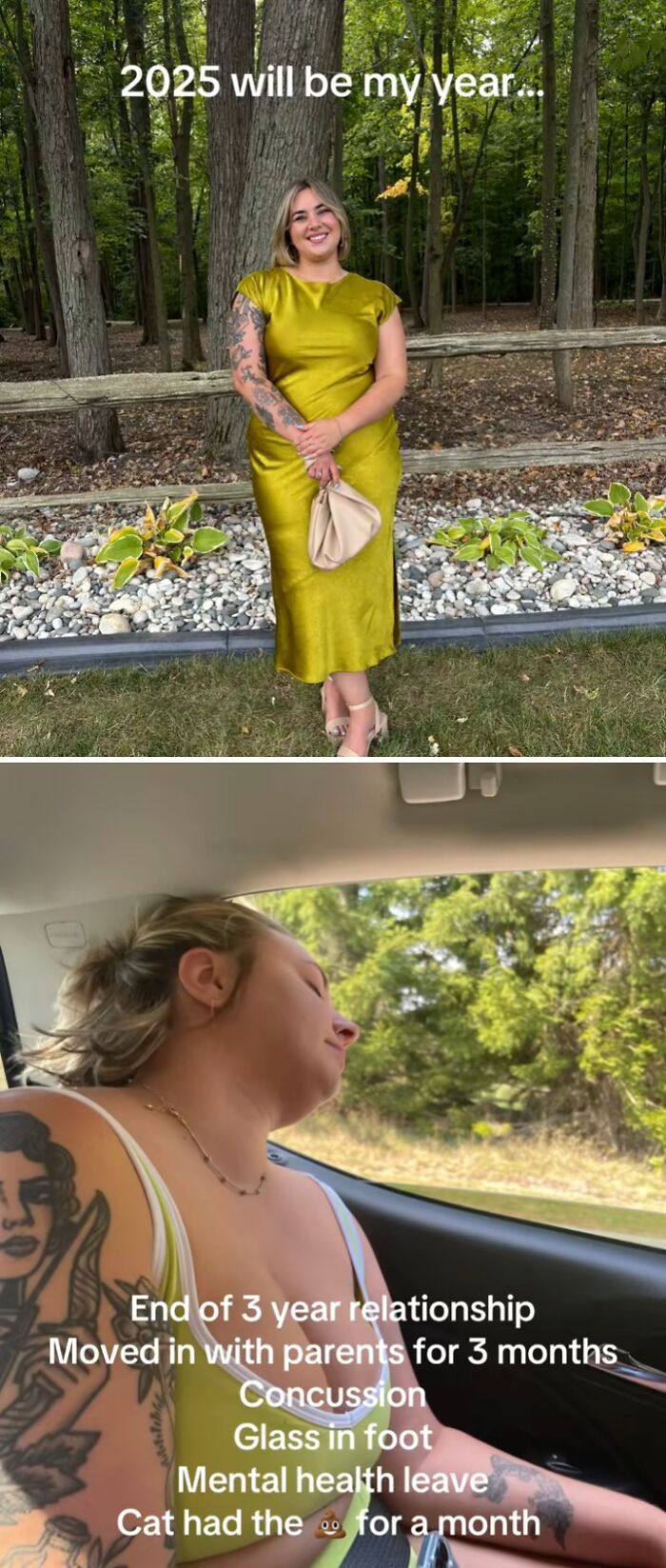 Woman in a green dress smiling outdoors, later shown tired in a car, illustrating how 2025 backfired for her.