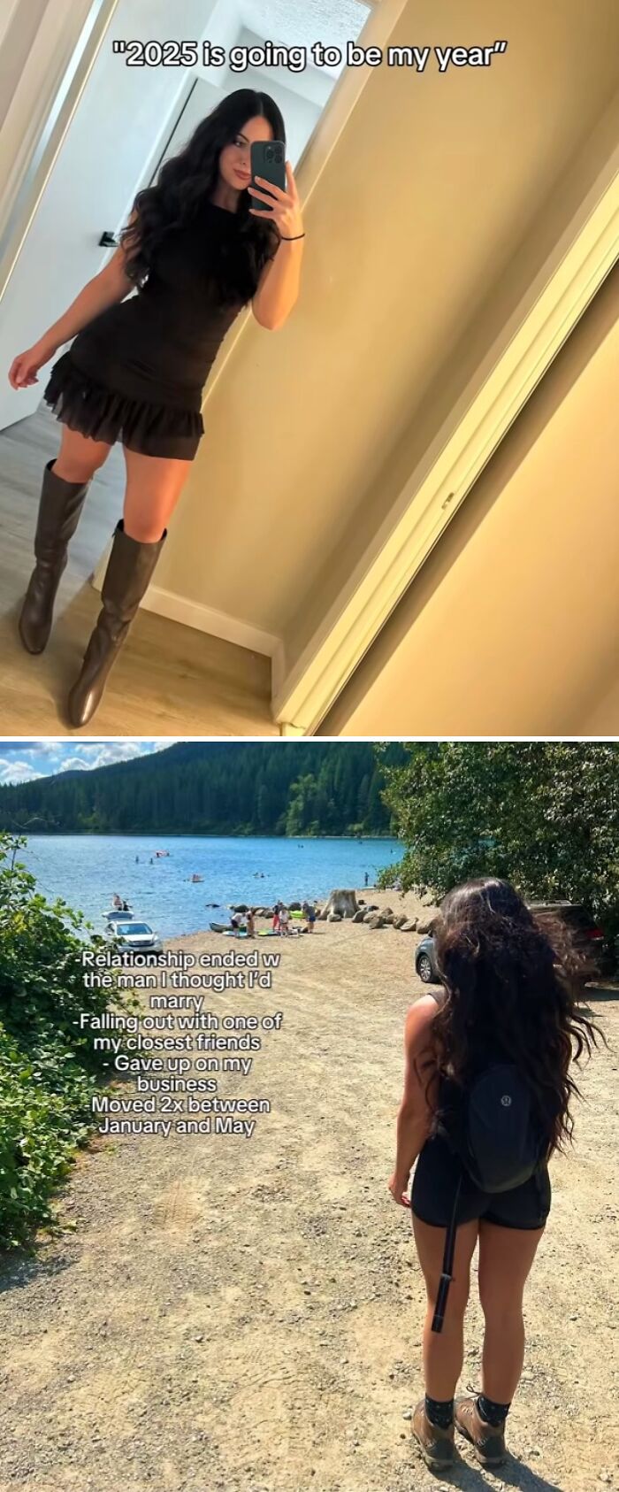 Woman sharing how 2025 backfired for her, with reflections on relationships, friendship, and life changes outdoors and indoors.