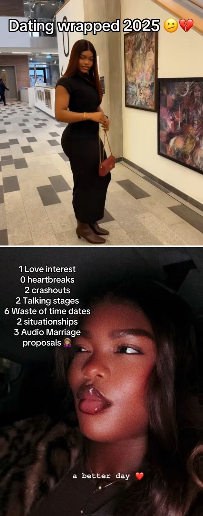 Woman in black dress reflects on 2025 dating struggles with situationships and wasted time dates.