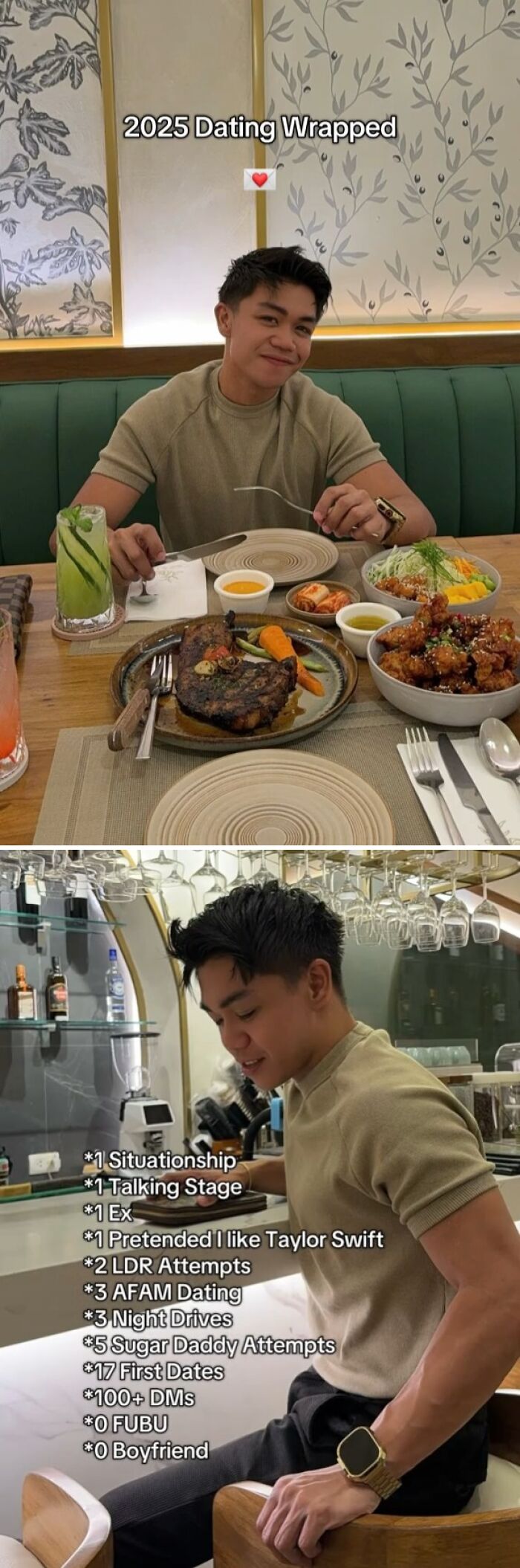 Young man at restaurant reflecting on dating struggles in 2025, highlighting how the year backfired for him.