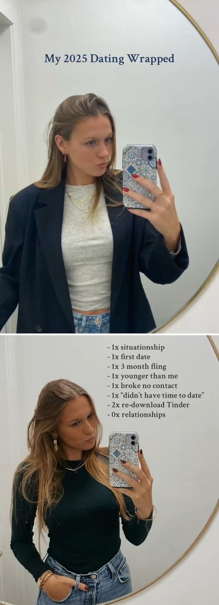 Young woman taking mirror selfies, sharing a 2025 year dating recap with situationships and no relationships.