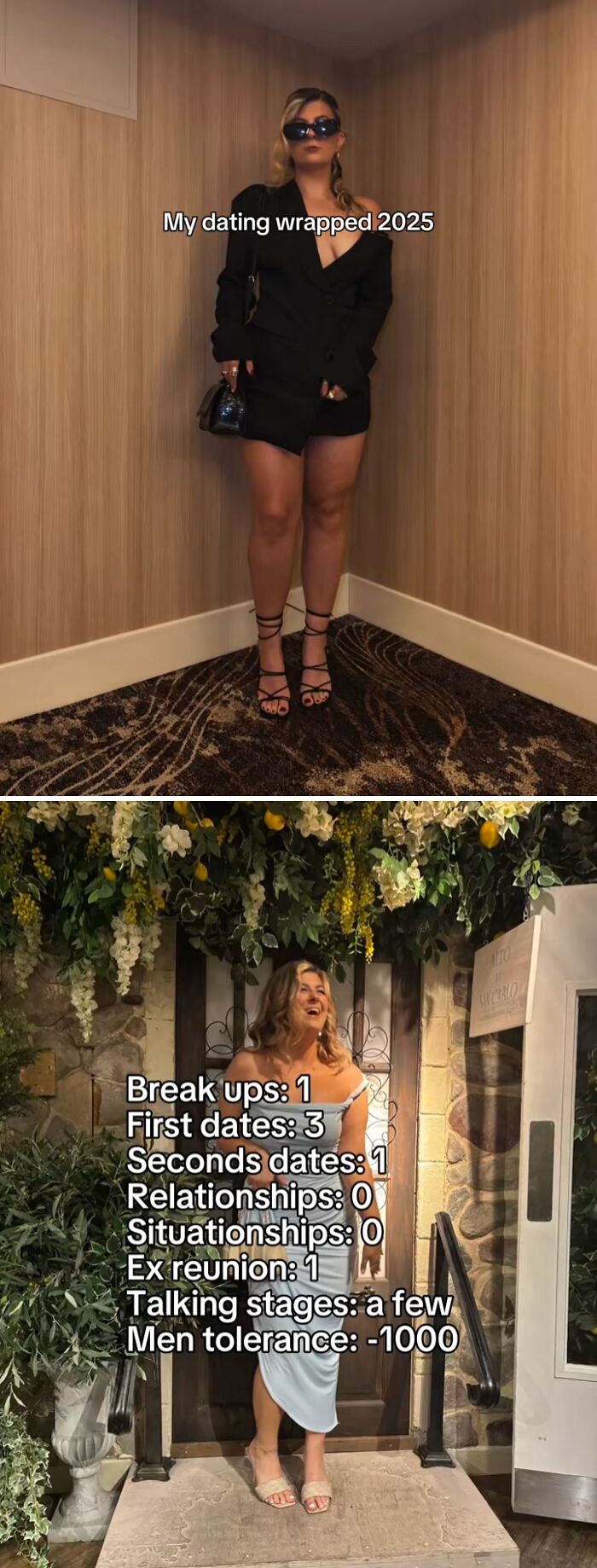 Two women in dresses share their dating experiences and challenges from 2025 in a year backfired story.