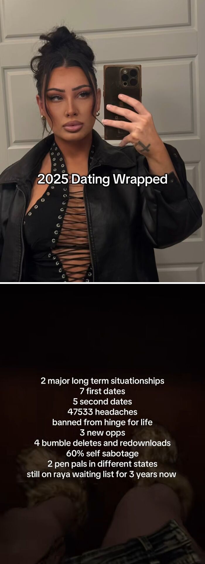 Woman taking a selfie in a mirror wearing black leather jacket, with captions about 2025 dating struggles and situationships.